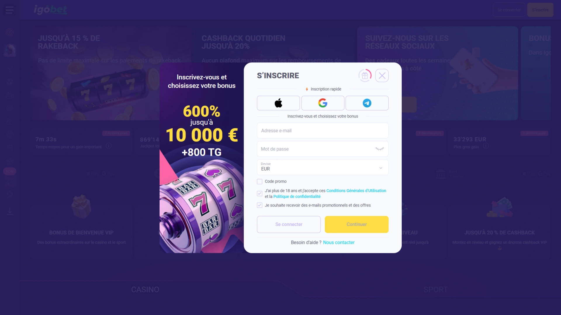 Commencez votre inscription sur le site officiel d'IgoBet.