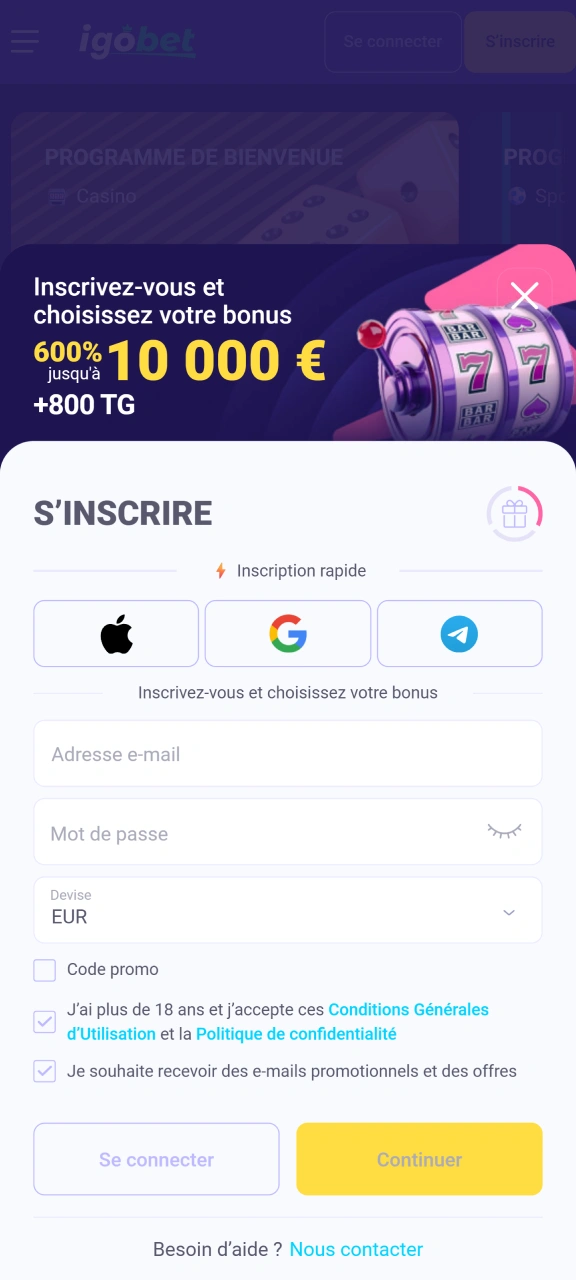 Créez un compte sur l'application IgoBet.