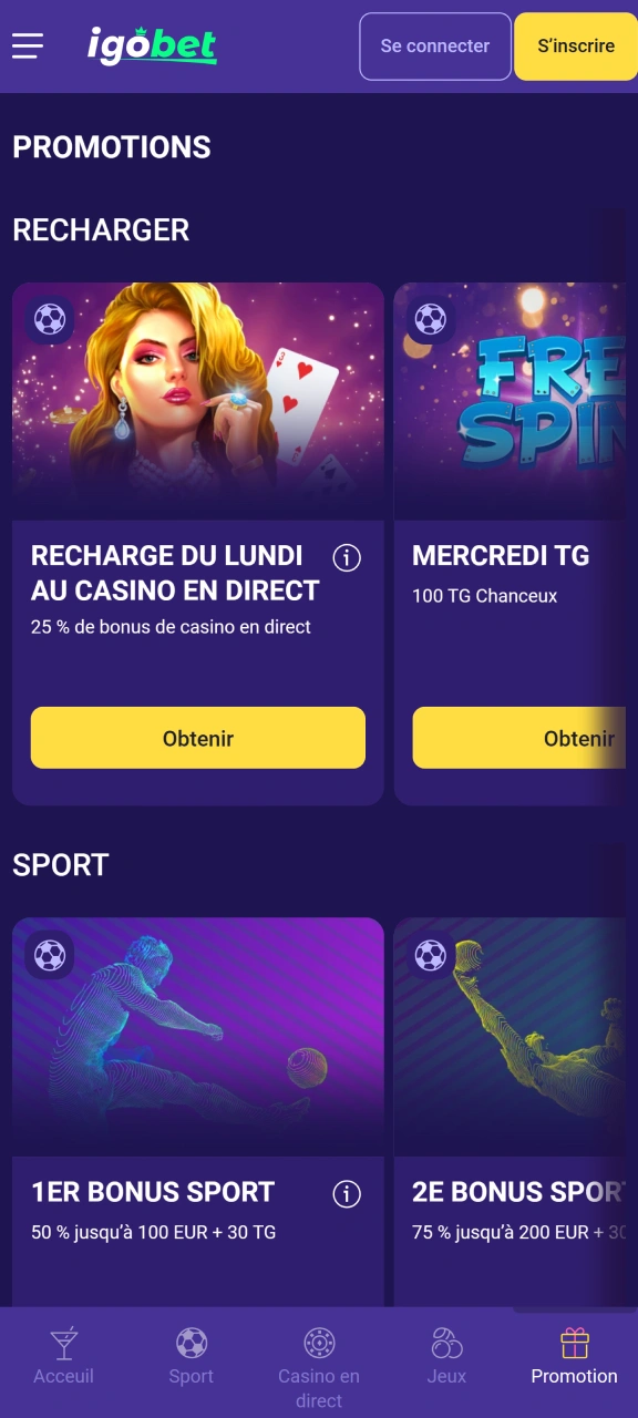 Profitez de bonus dans l'application officielle IgoBet.