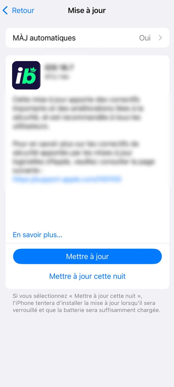 Sur iOS, vérifiez la version de l'application IgoBet.