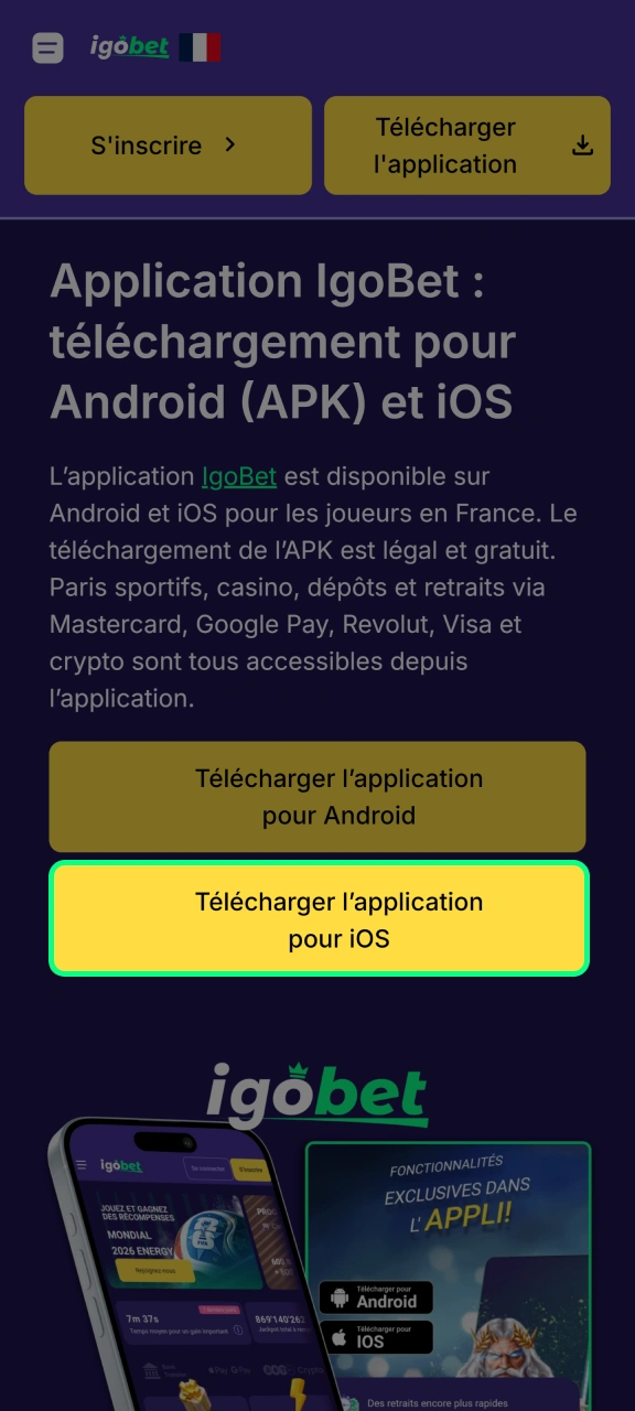 Cliquez sur le bouton pour télécharger la version iOS d'IgoBet.