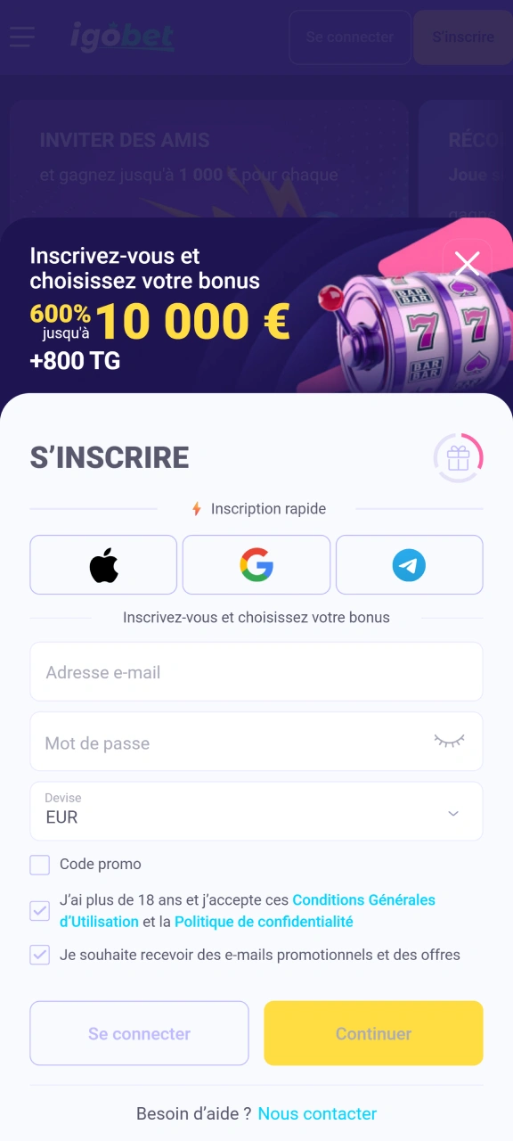 Saisissez vos informations pour vous inscrire sur IgoBet.