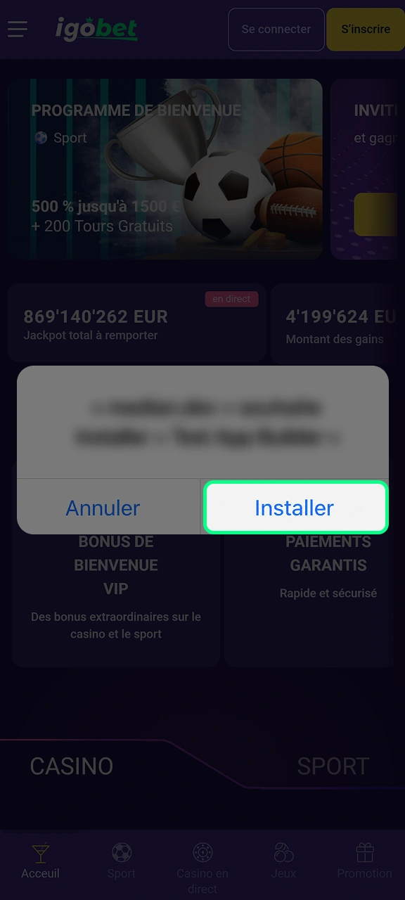 Terminez l'installation de l'application IgoBet sur votre appareil iOS.