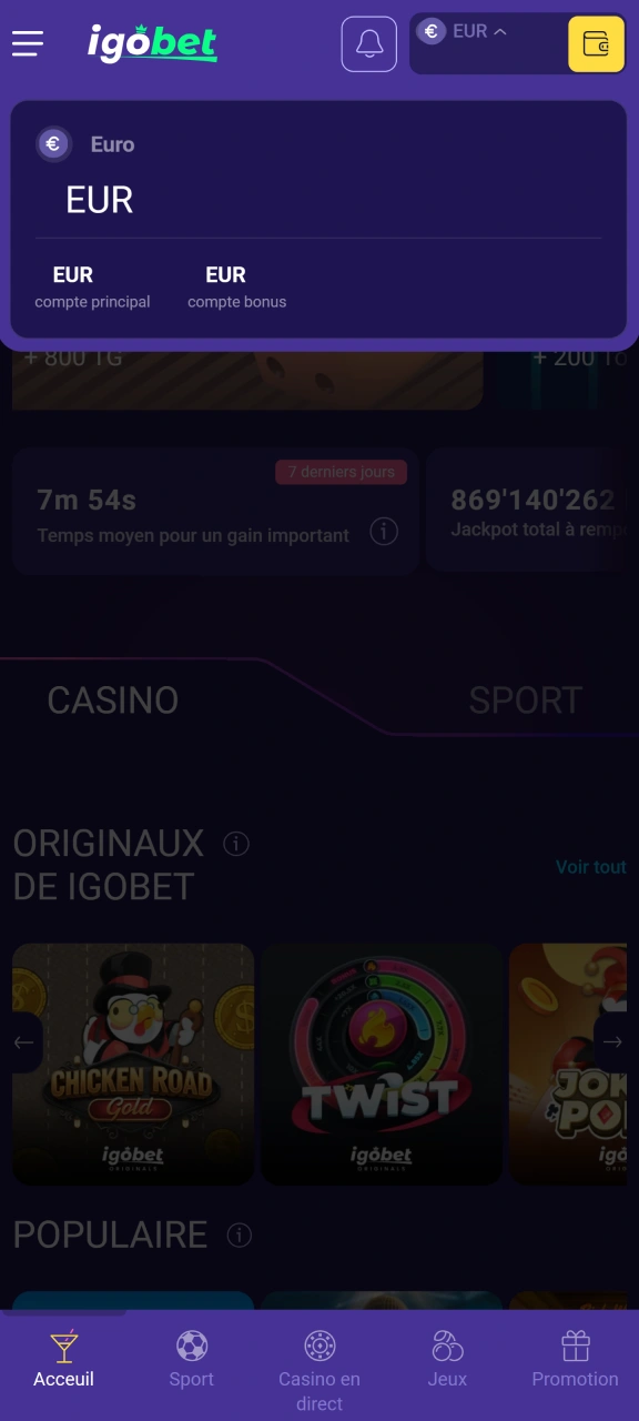 Consultez votre solde dans votre profil IgoBet.
