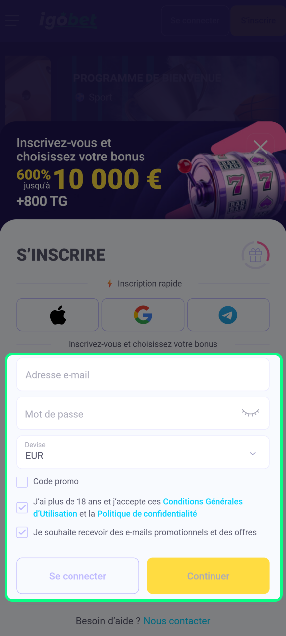 Inscrivez-vous sur la plateforme IgoBet pour bénéficier de bonus.
