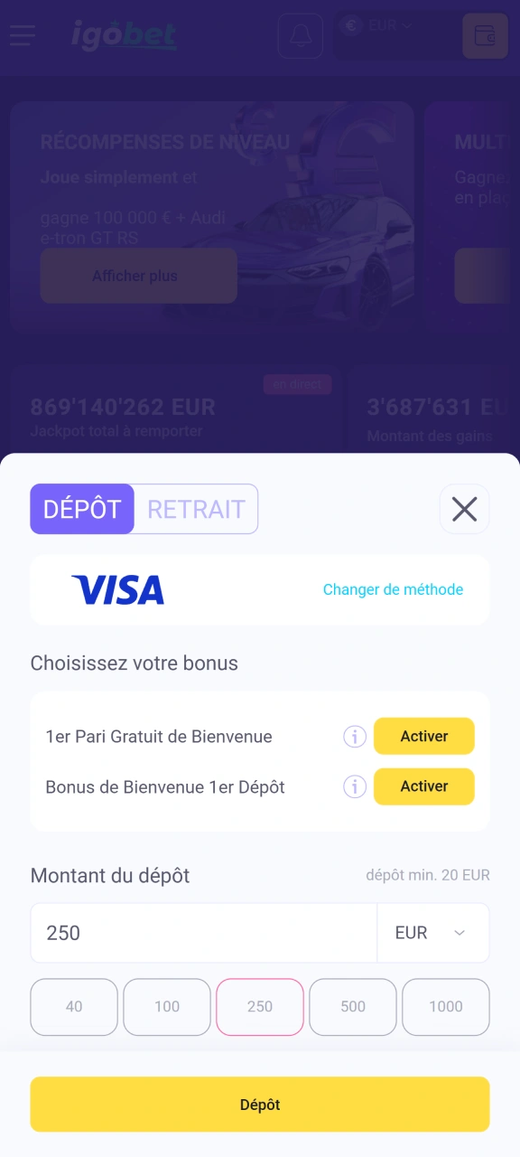 Effectuez votre premier dépôt sur la plateforme IgoBet.