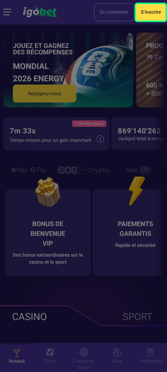 Cliquez sur S'inscrire pour ouvrir le formulaire d'inscription sur IgoBet.