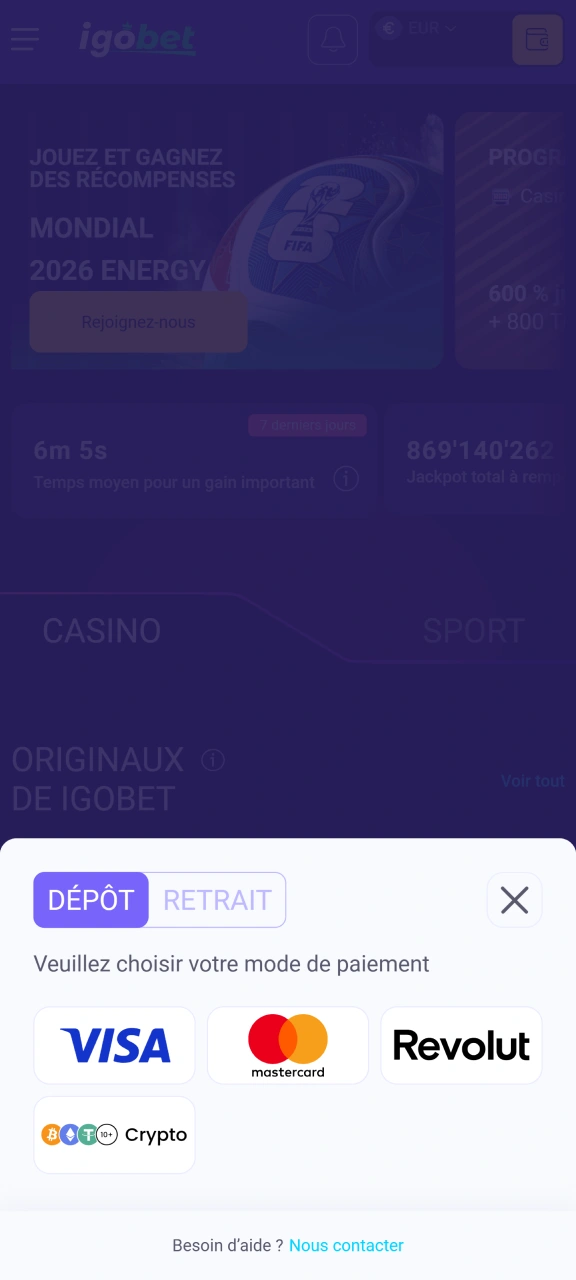 Choisissez un mode de paiement et rechargez votre compte IgoBet.