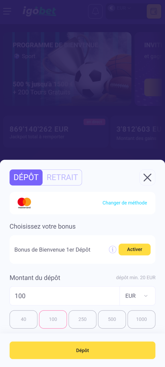 Avant de parier sur le football chez IgoBet, effectuez un dépôt.