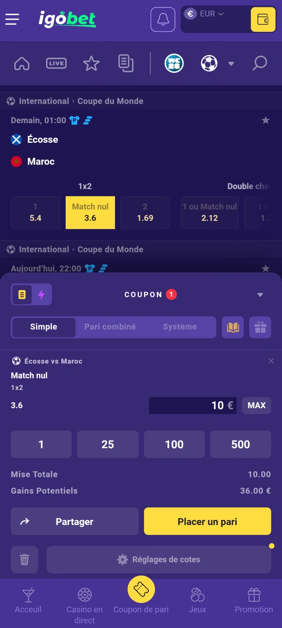 Saisissez le montant de votre mise et placez-la sur IgoBet.