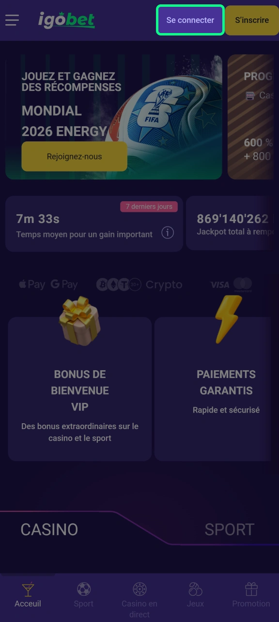 Connectez-vous à votre compte IgoBet à l'aide de vos identifiants.