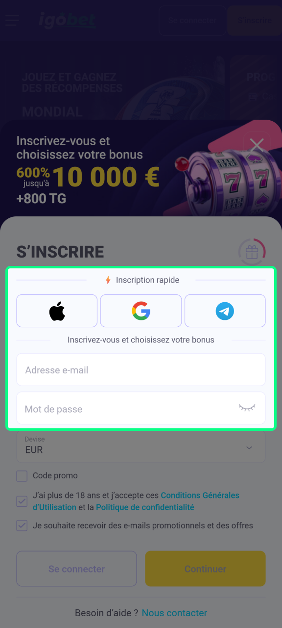 Choisissez un mode d'inscription sur IgoBet.