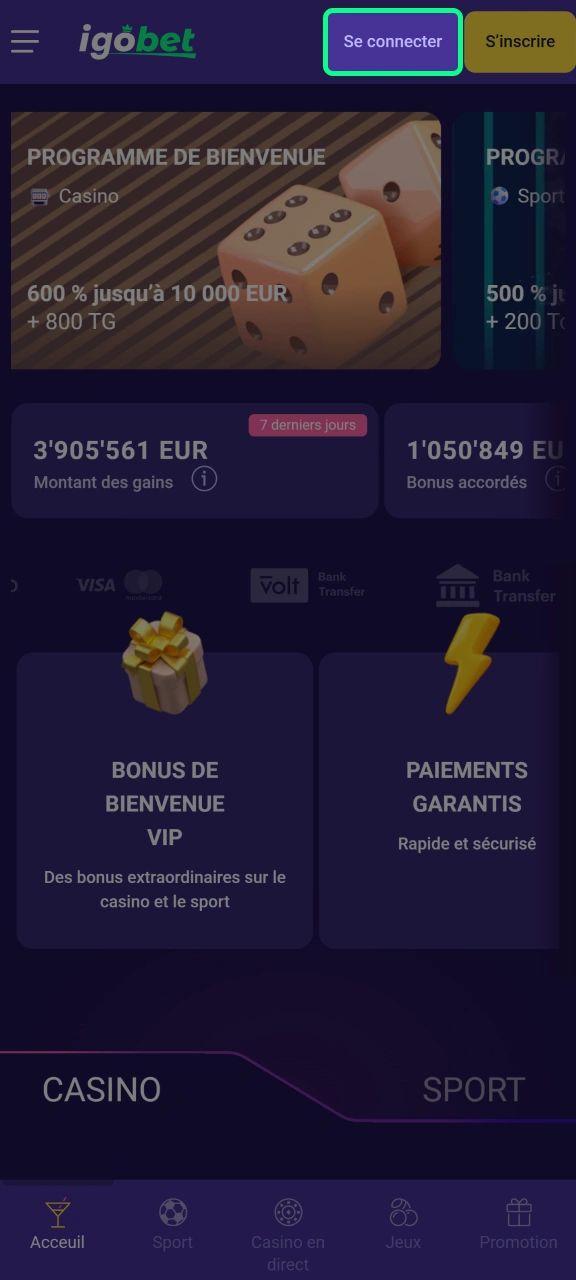 Cliquez sur le bouton Connexion pour accéder à votre compte IgoBet.