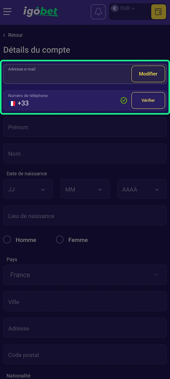 Vérifiez votre adresse e-mail et votre numéro de téléphone sur IgoBet.
