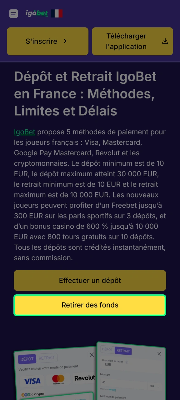 Accédez à la rubrique Retrait d'IgoBet depuis cette page.
