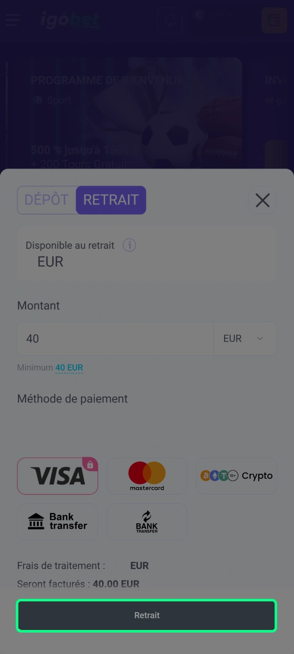 Confirmez la demande de retrait sur IgoBet.