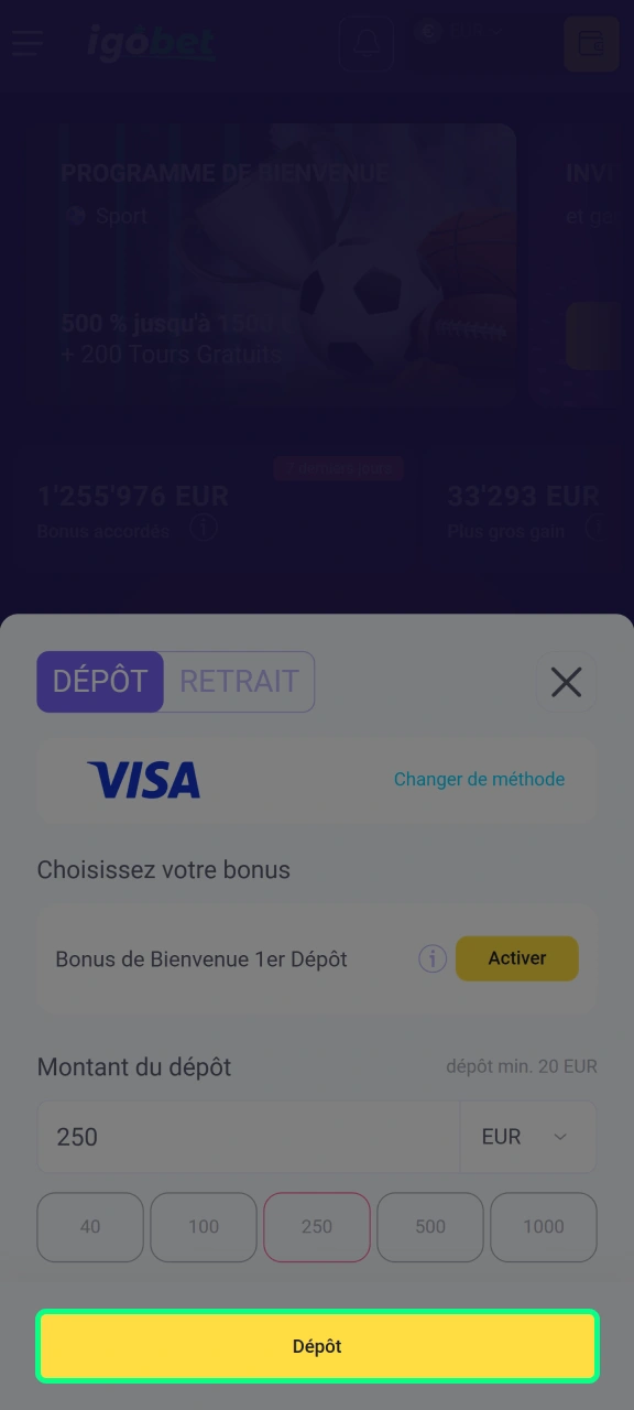 Effectuez votre dépôt sur le site web d'IgoBet.
