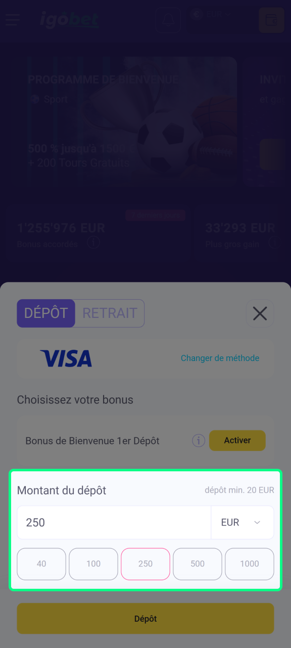 Saisissez le montant de votre dépôt sur IgoBet.