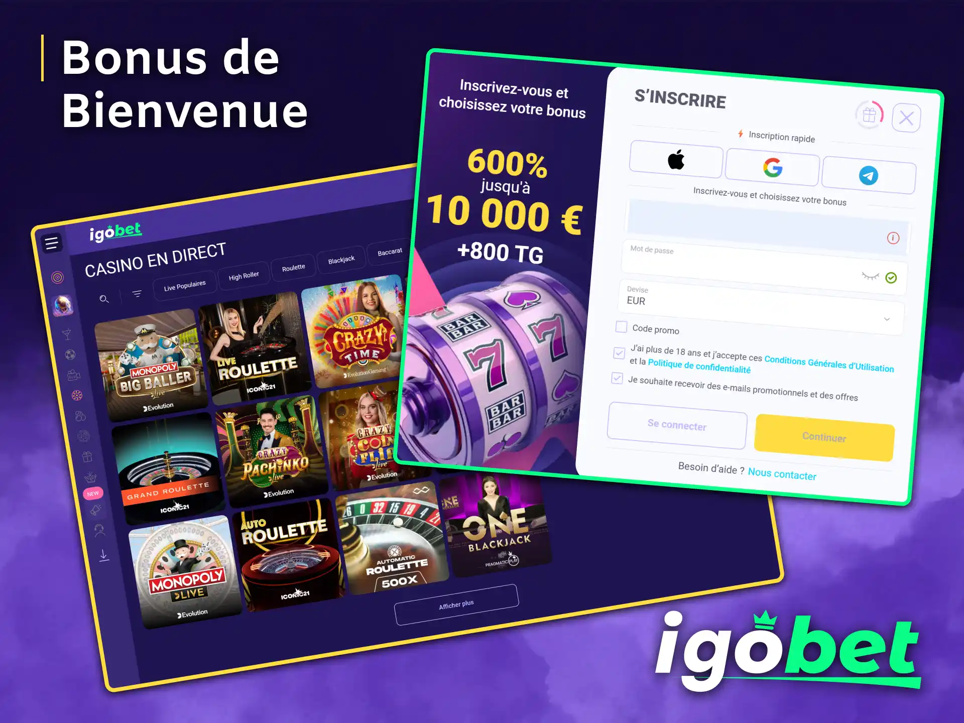 Bénéficiez d'un bonus de bienvenue avantageux en jouant au casino en direct IgoBet.
