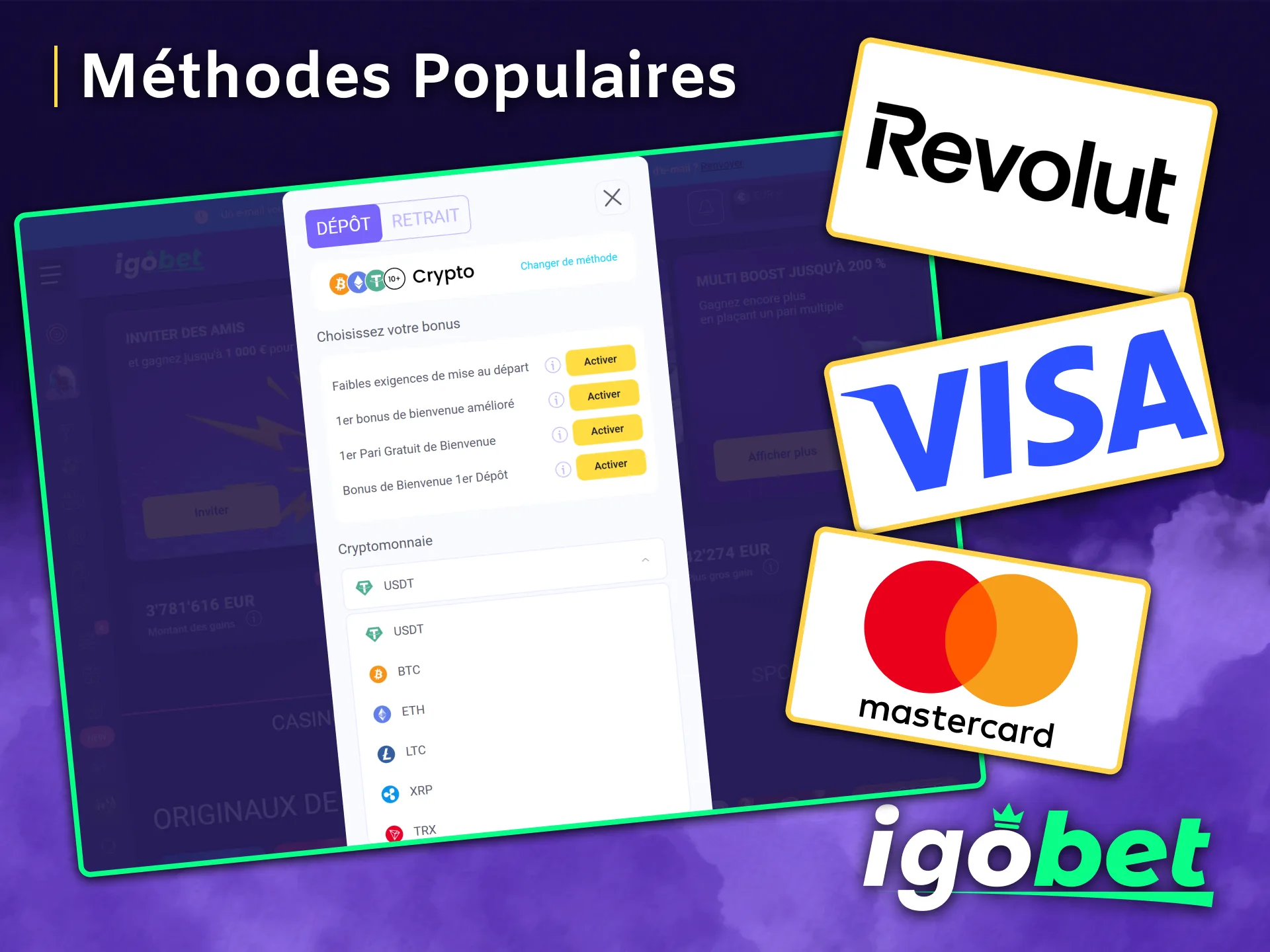 Effectuez des dépôts rapidement en utilisant les méthodes de paiement les plus populaires sur IgoBet.