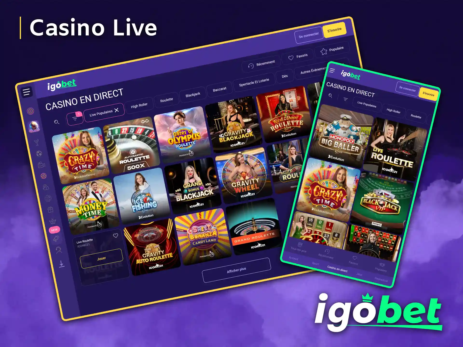 Plongez dans l'univers du casino en direct d'IgoBet et jouez à des jeux passionnants.